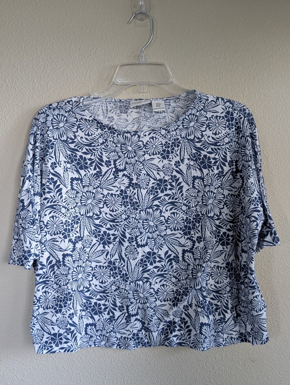 Rachel Zoe Size Medium Blue Floral Short-Sleeve Women’s Top Linen Blend